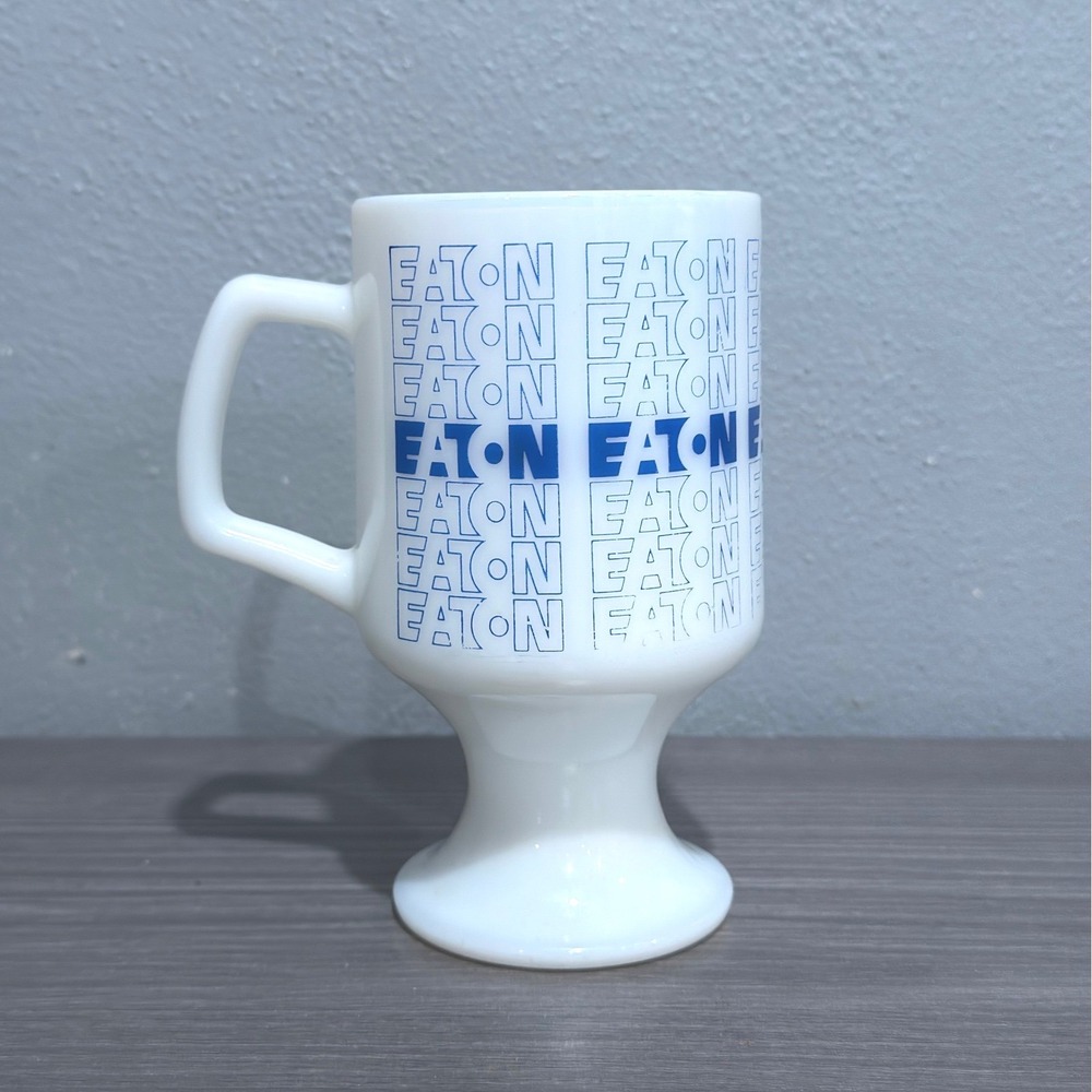Vintage 1970s Eaton Corp Milk Glass Pedestal Coffee Mug Blue Logo Advertising